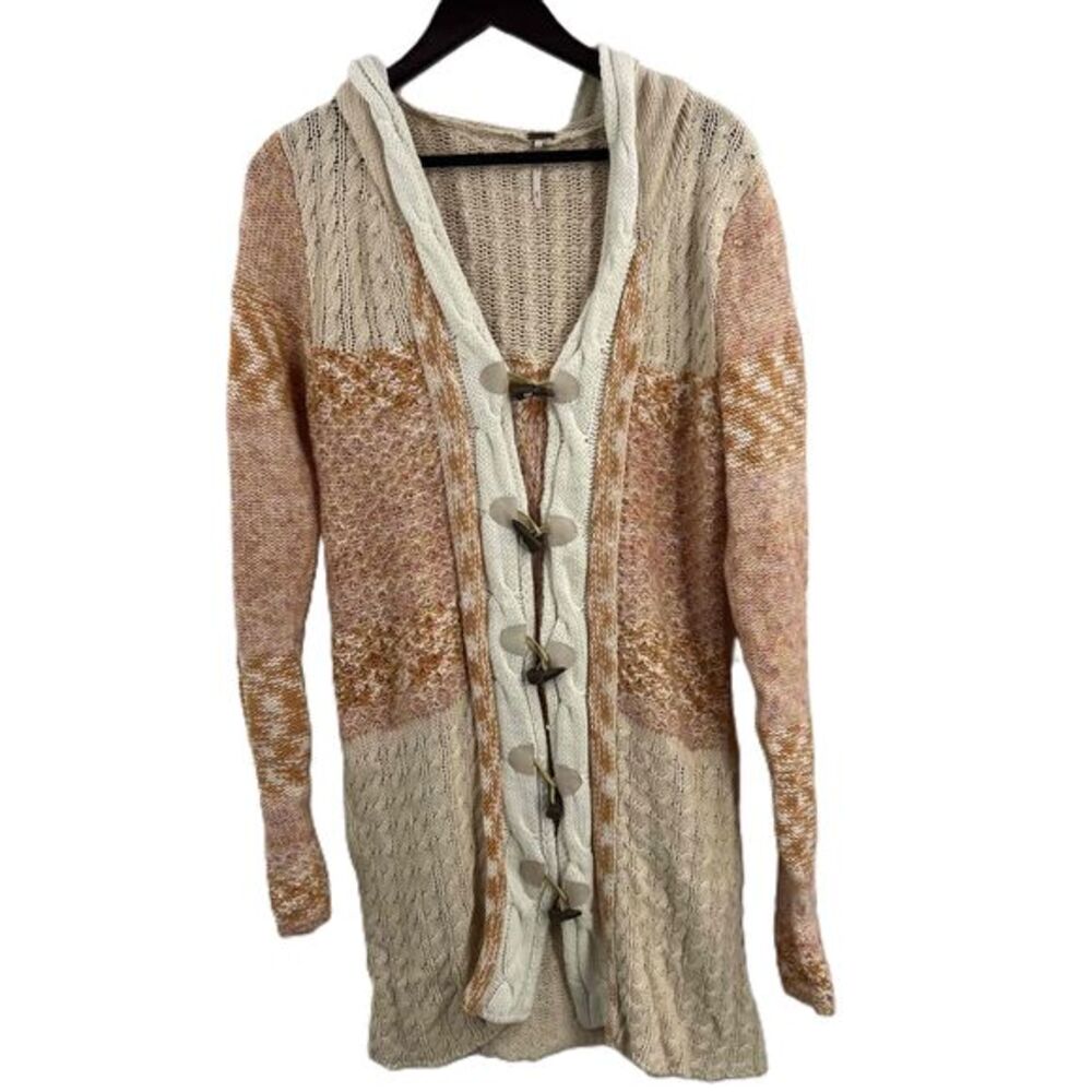 Free People Multicolor Cozy Hooded Toggle Button Chunky Knit Cardigan Womens Med